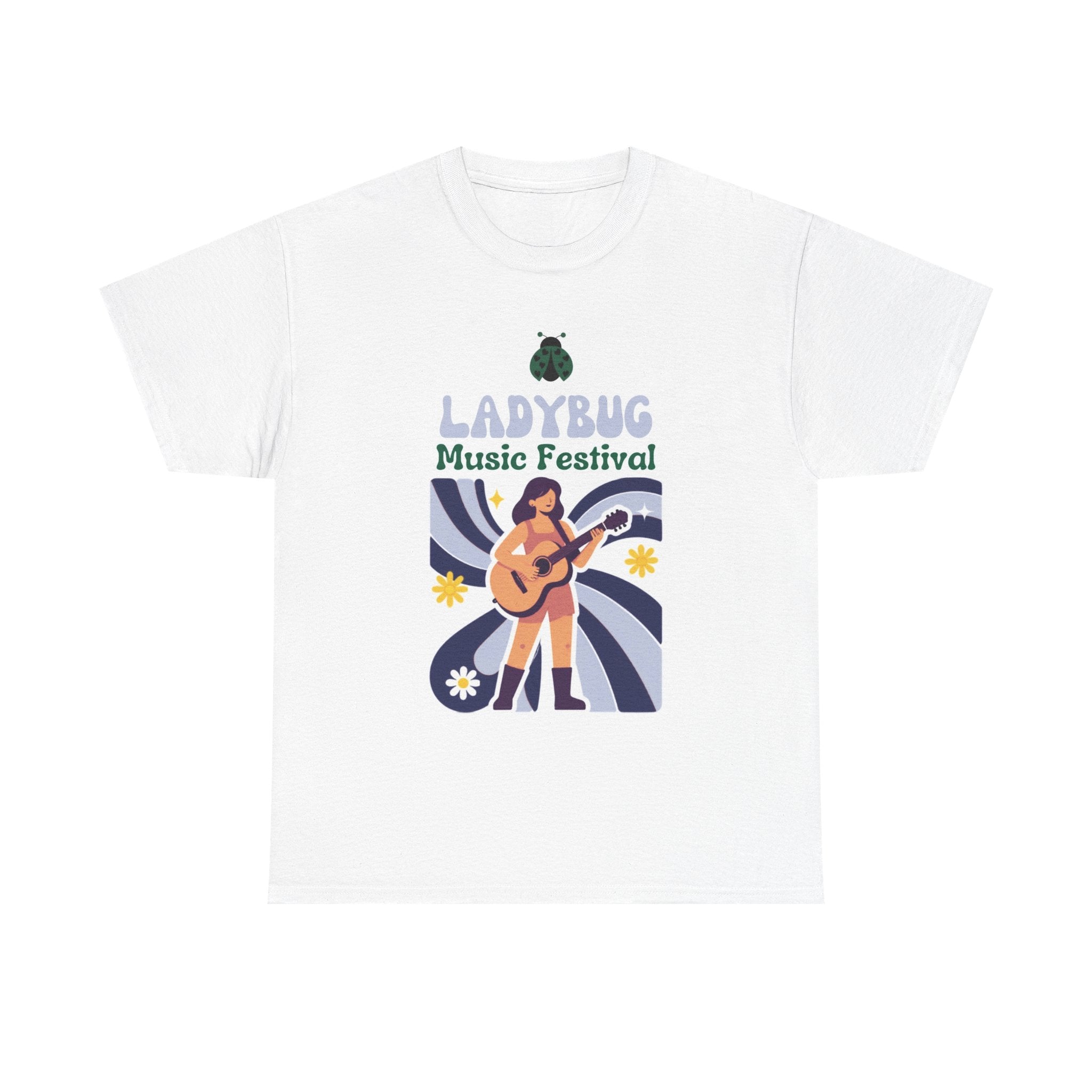 Ladybug Music Festival T-Shirt — Retro Concert Tee with Guitarist Lineup (Festival Souvenir)