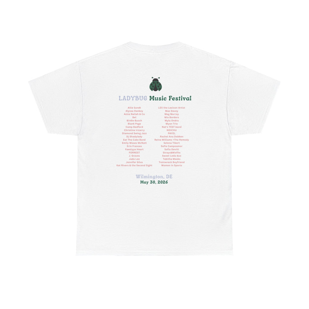 Ladybug Music Festival T-Shirt — Retro Concert Tee with Guitarist Lineup (Festival Souvenir)