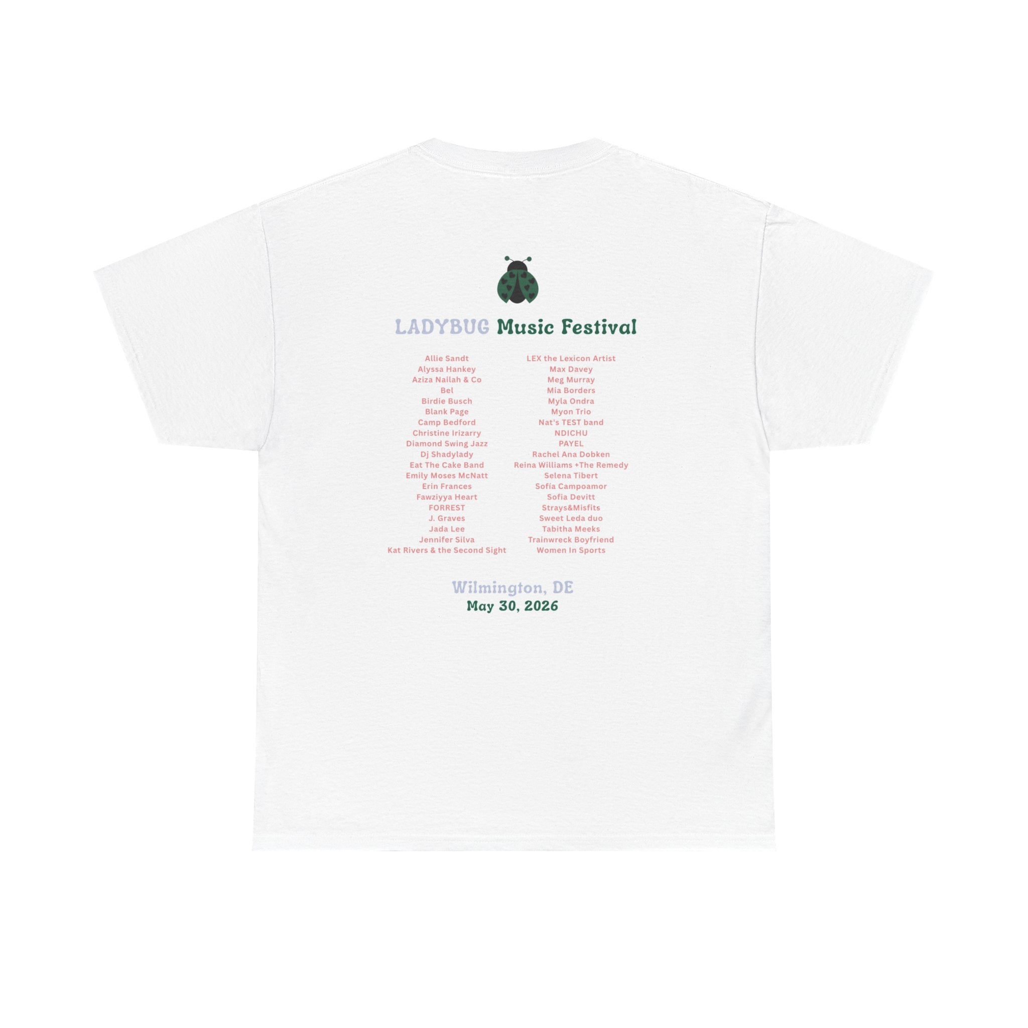 Ladybug Music Festival T-Shirt — Retro Concert Tee with Guitarist Lineup (Festival Souvenir)