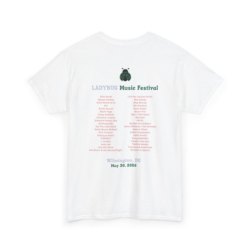 Ladybug Music Festival T-Shirt — Retro Concert Tee with Guitarist Lineup (Festival Souvenir)
