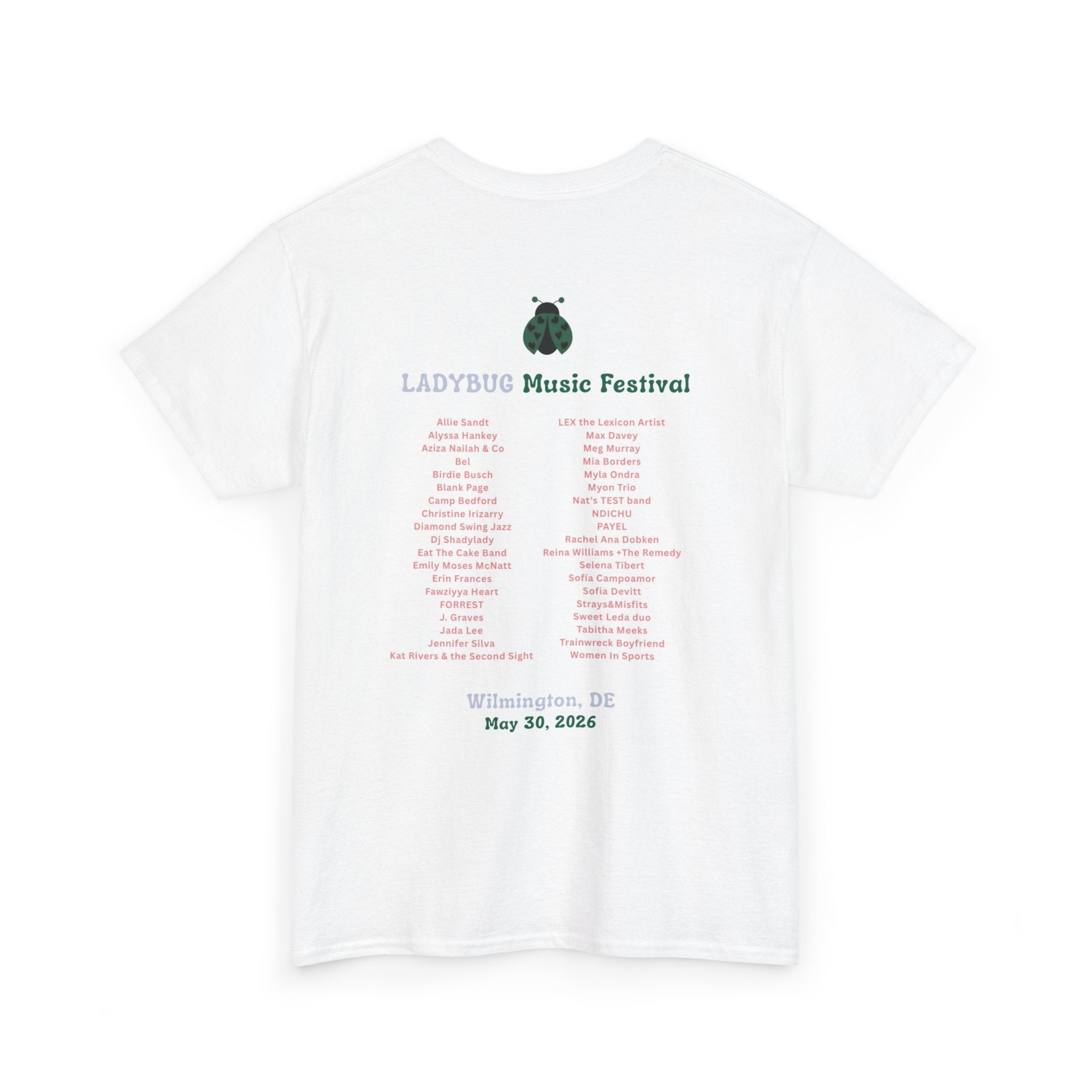 Ladybug Music Festival T-Shirt — Retro Concert Tee with Guitarist Lineup (Festival Souvenir)